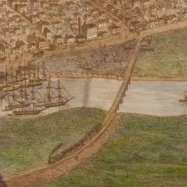Enlargement of part of the 1854 Melbourne panorama sketch by Nathaniel Whittock to show detail of the Melbourne and Hobson's Bay Railway