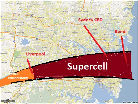 updated storm track map of the 1947 sydney hailstorm supercell as it moved across the sydney basin. there is also colours to show when the storm cell unusually formed into a supercell just east of liverpool . i say unusually because only one or two days per year that the conditions are right for a storm to be strongest on the coast of sydney.